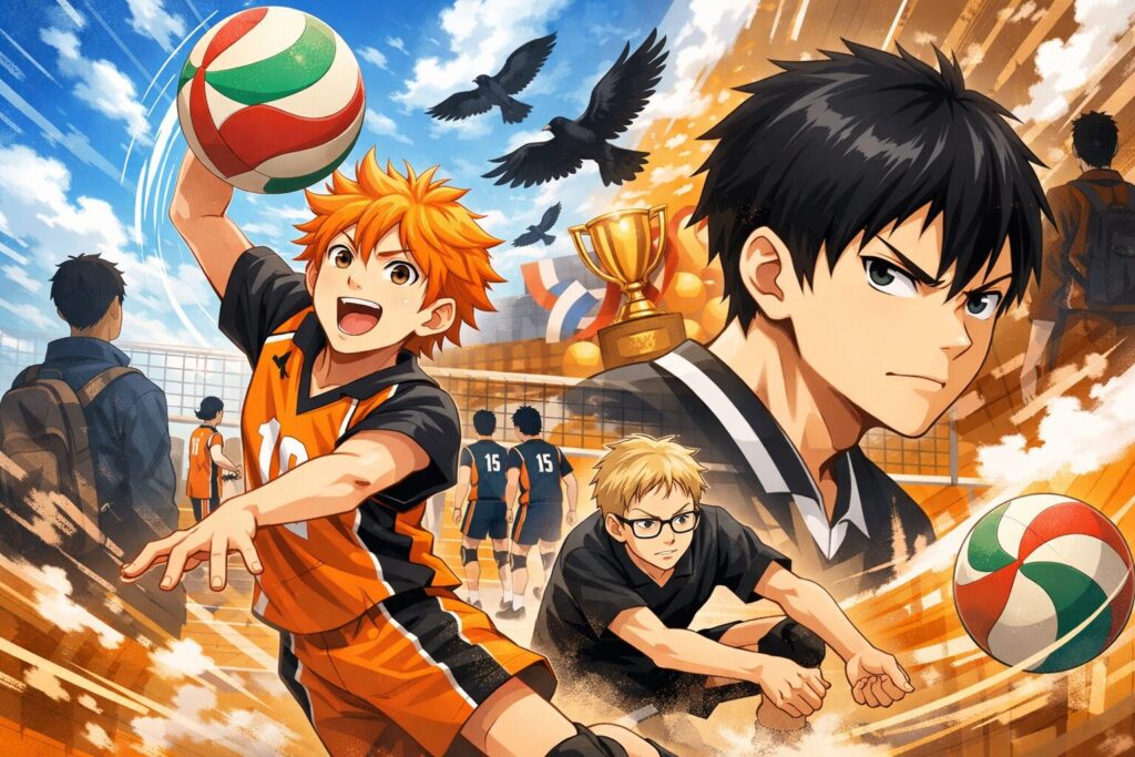 バレー少年たちが、レシーブやスパイクを打っているイメージ画