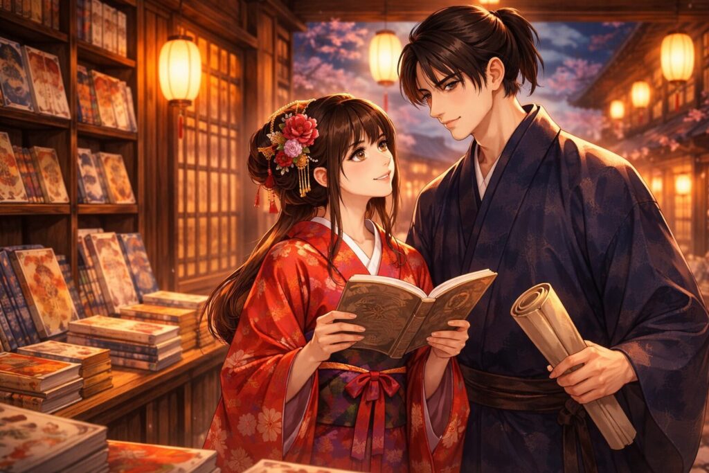 江戸時代風の街並みを背景に、物語の展開や人間関係をイメージした和風イラスト
