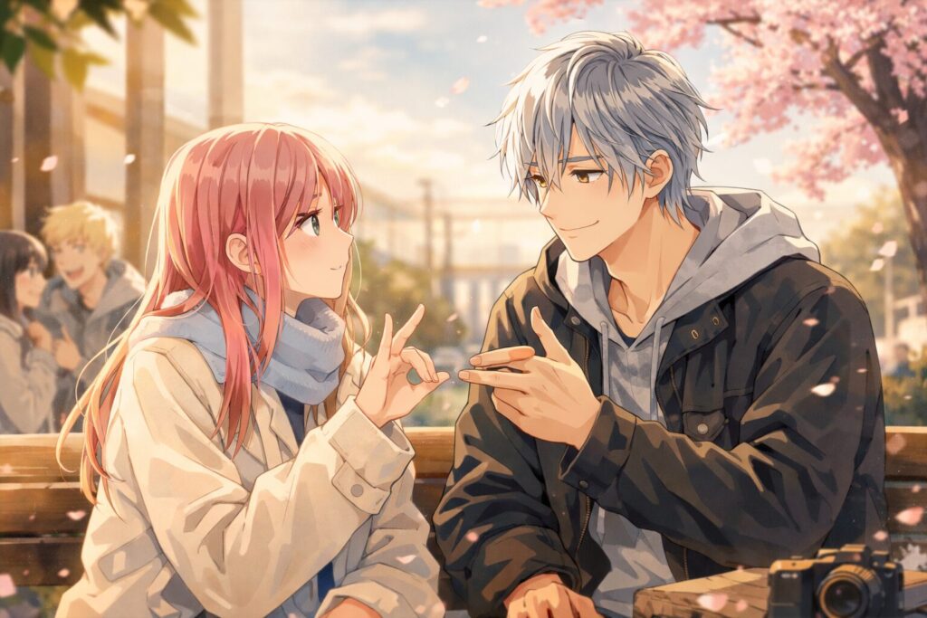 桜の下で手話で会話するピンク髪の女性と銀髪の男性。温かく穏やかな雰囲気。