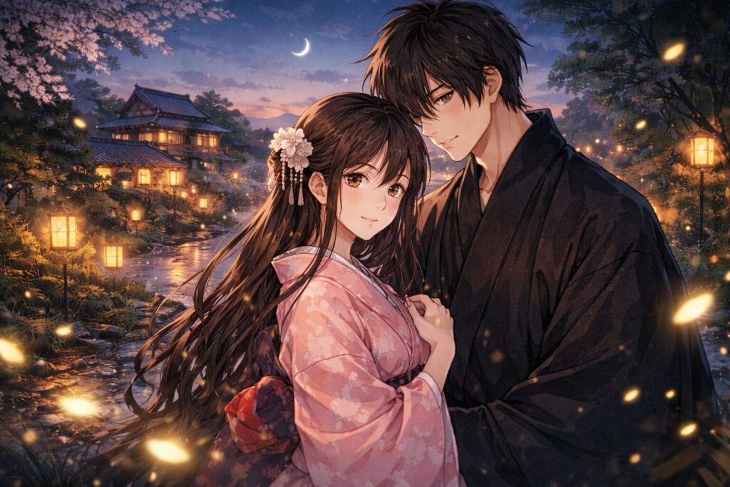 明治時代の日本を思わせる和風の背景の中で、男女の関係性と切ない恋を表現したロマンス要素のある横長イメージイラスト