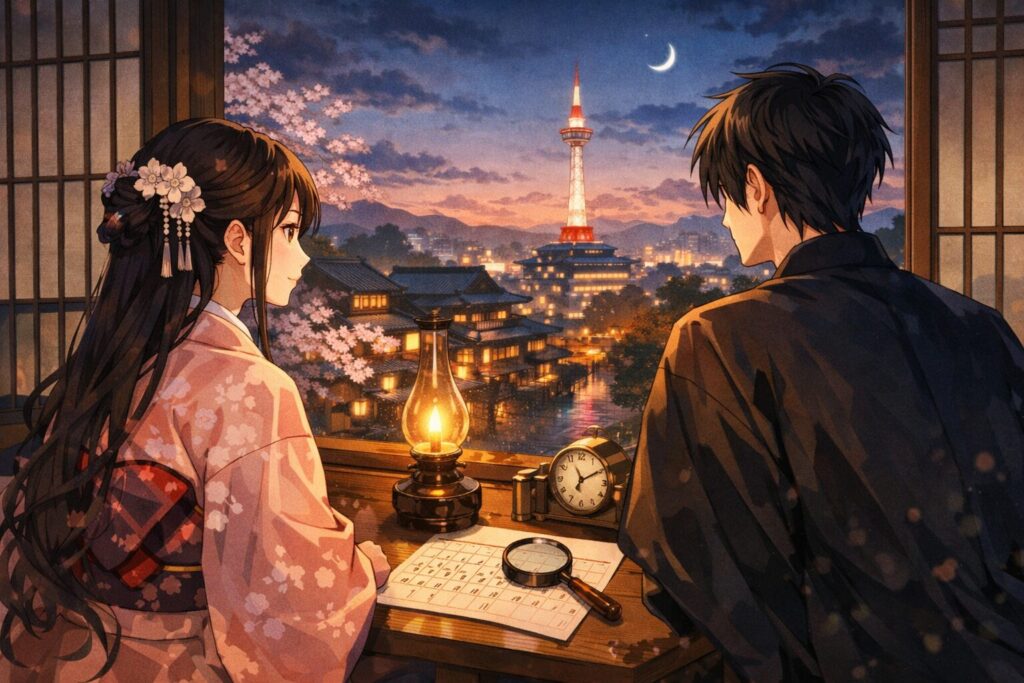 明治時代の日本を舞台に、夕暮れの街並みと提灯の光の中で向かい合う男女のシルエットを描いた、和風ロマンスと緊張感を感じさせるイメージイラスト