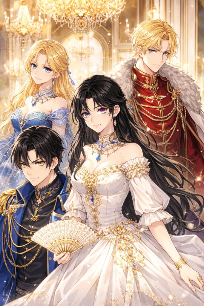 宮廷を舞台にしたファンタジー漫画をイメージした、4人の男女が描かれたイラスト。中央には黒髪の女性、周囲には正装した男女が立っている。