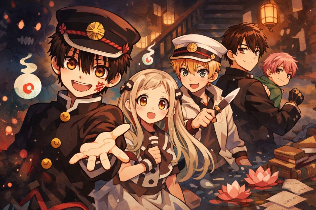 学園×怪異をテーマにした和風ファンタジー風イラスト。『地縛少年花子くん』を連想させる雰囲気の校舎と幻想的な世界観が表現されている。