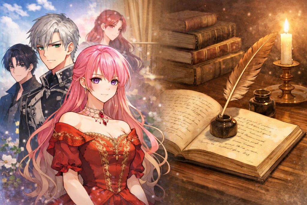 『私を捨てた家門には戻りません』の世界観を表現したイラスト。ピンク髪の女性と男性キャラクターが描かれ、物語の雰囲気がわかる画像。