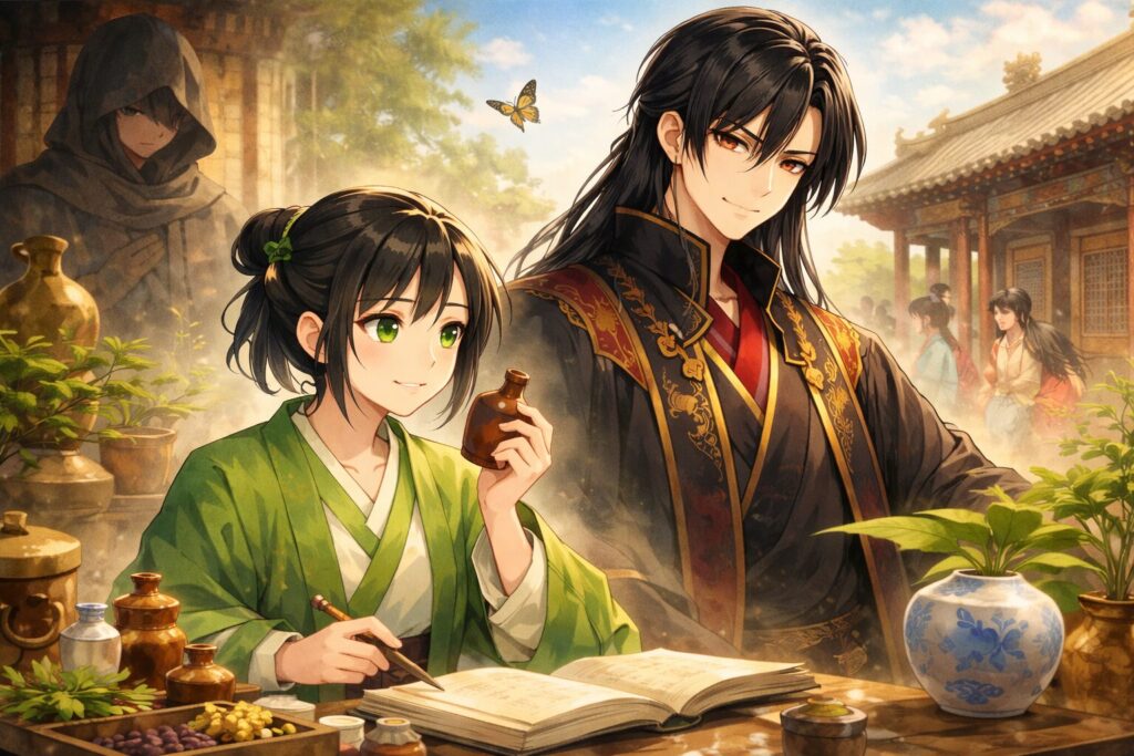 後宮を舞台に、薬を調べる少女と彼女を見守る青年を描いた和風ファンタジー風イラスト
