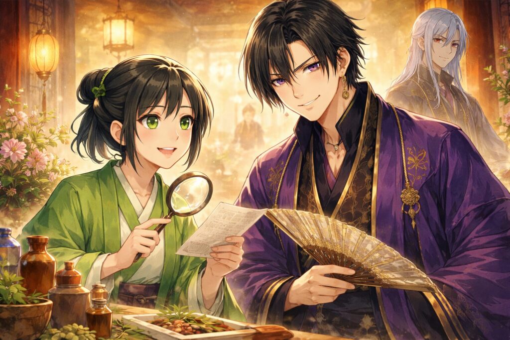 後宮で薬を調べる少女と、黒髪で紫の衣装を着た青年を描いた和風ファンタジー調のイラスト