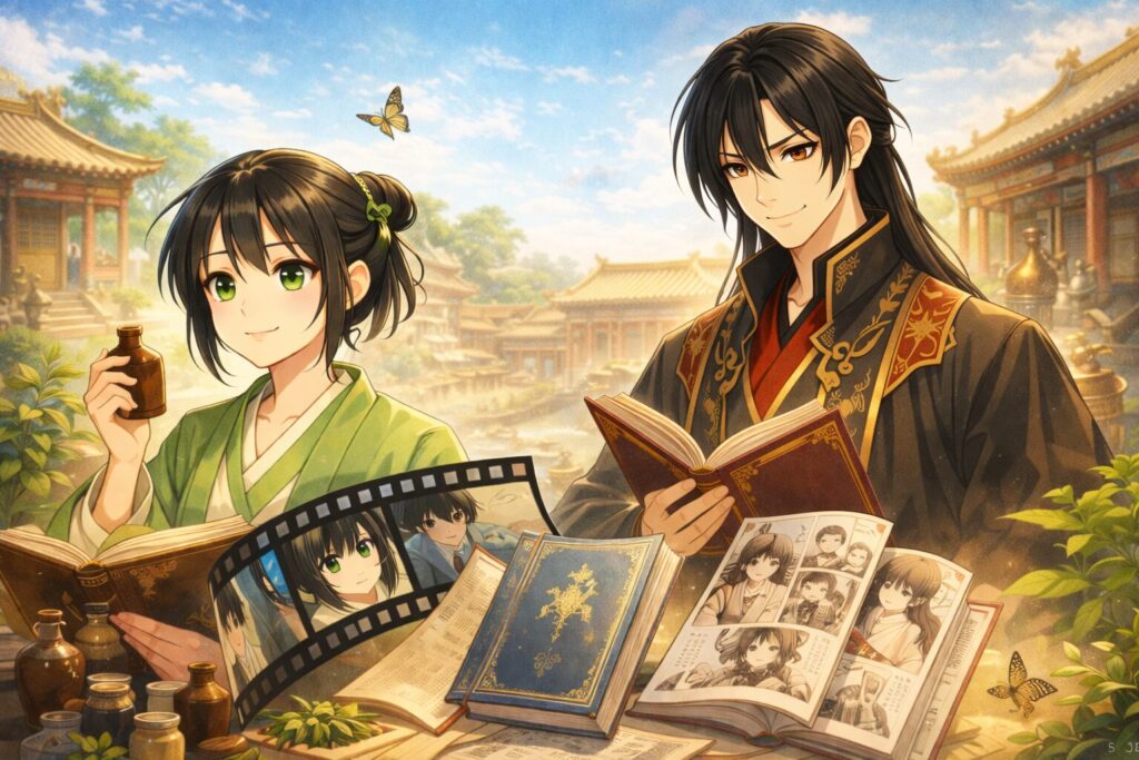 後宮を舞台にした『薬屋のひとりごと』の世界観をイメージした、黒髪の女性と黒髪の男性が本や薬を手にするイラスト