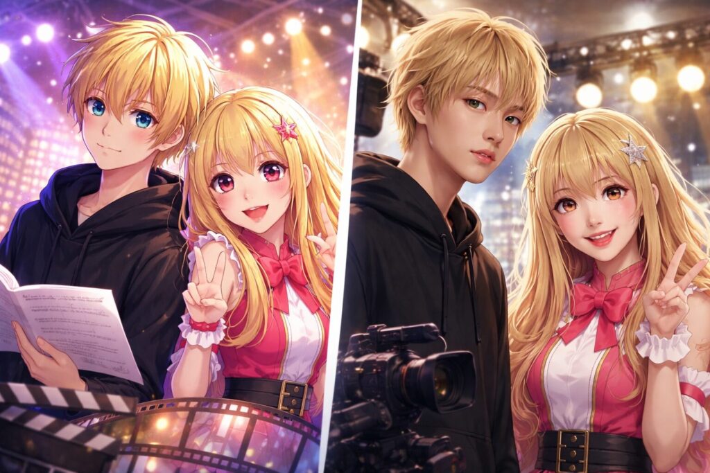 推しの子のアニメと実写の違いをイメージした、金髪の男女がアニメ風と実写風で対比された横長イラスト