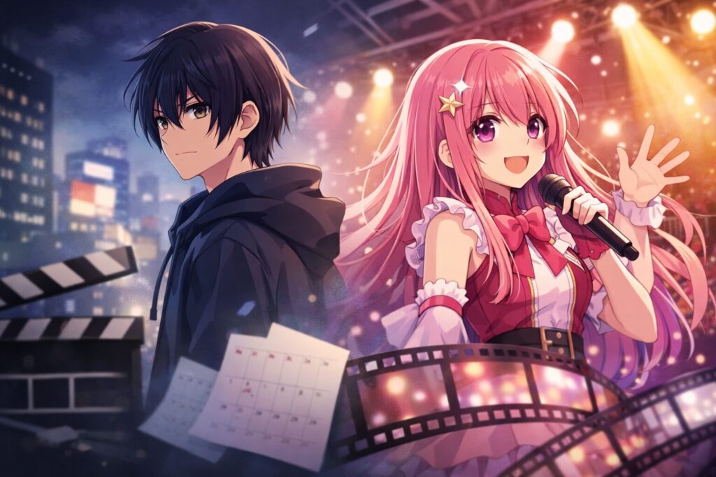 推しの子アニメは完結したのかを連想させる、映像作品と放送をテーマにしたオリジナルイラスト